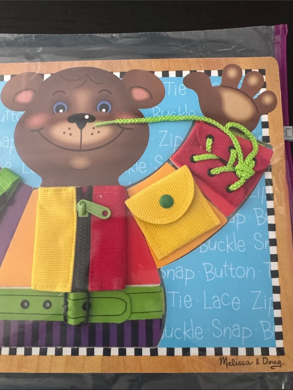 Melissa & Doug Bear wood puzzle life skills-zipper, buckle, snap, lace, button